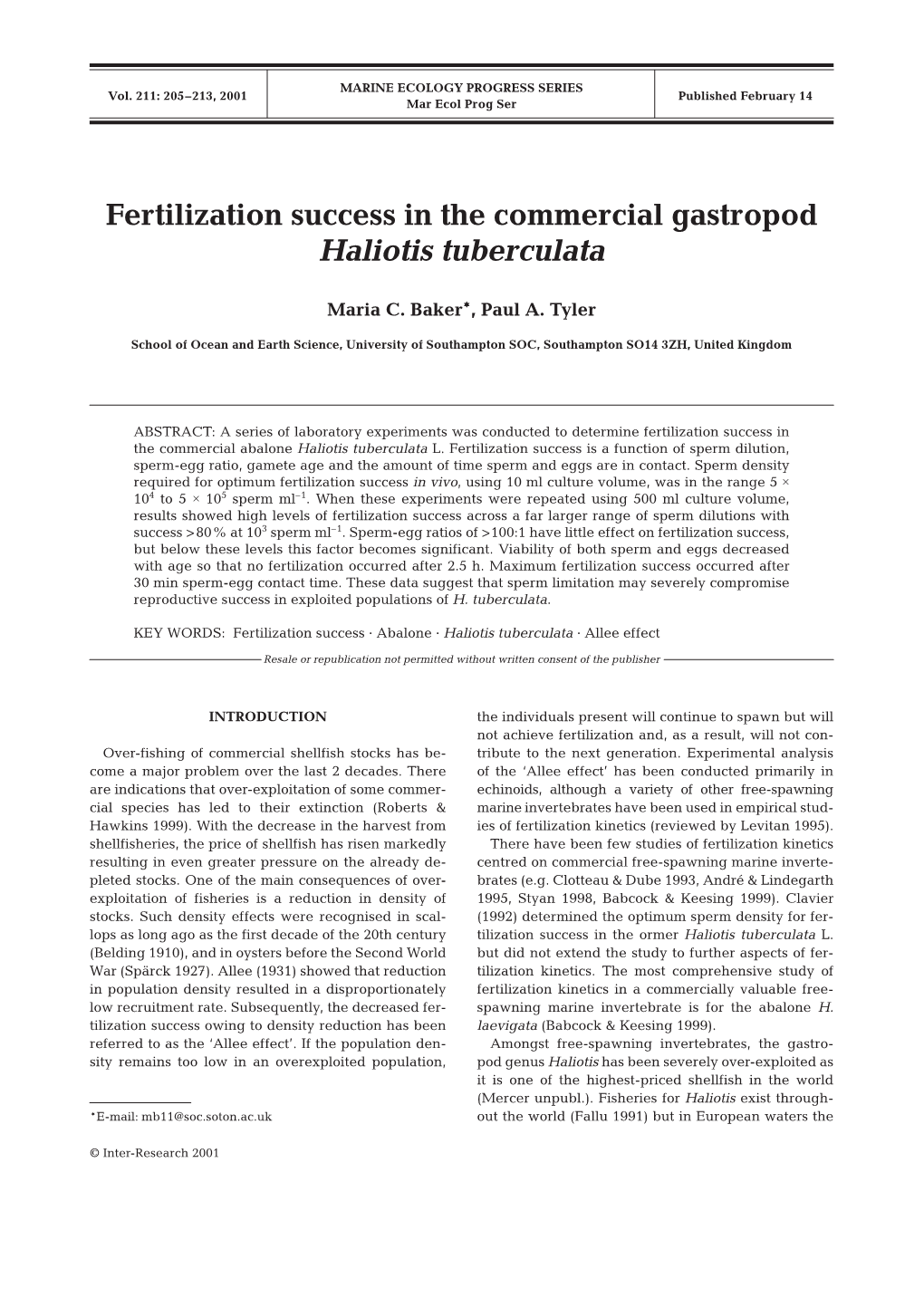 Fertilization Success in the Commercial Gastropod Haliotis Tuberculata