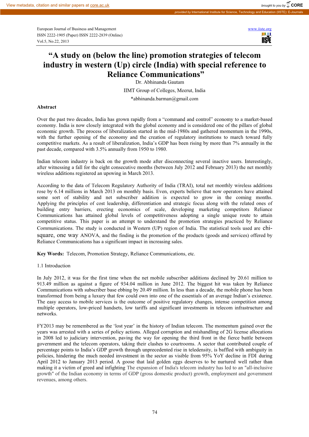 “A Study on (Below the Line) Promotion Strategies of Telecom Industry in Western (Up) Circle (India) with Special Reference to Reliance Communications” Dr