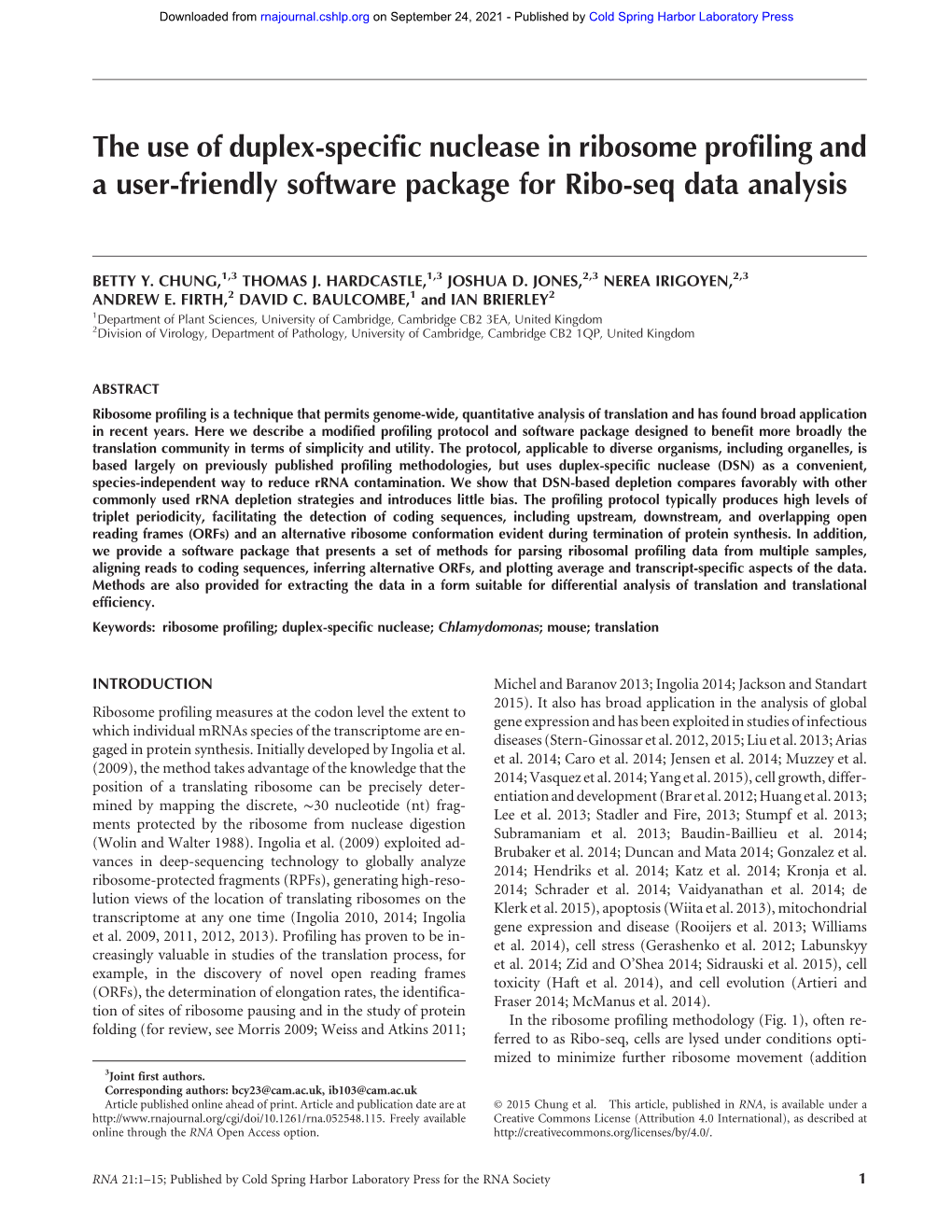 The Use of Duplex-Specific Nuclease in Ribosome Profiling and a User-Friendly Software Package for Ribo-Seq Data Analysis