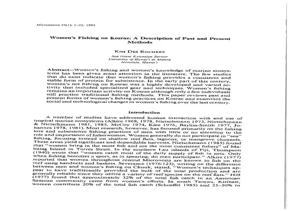 Women's Fishing on Kosrae: a Description of Past and Present Present and Past of Description a Kosrae: on Fishing Women's