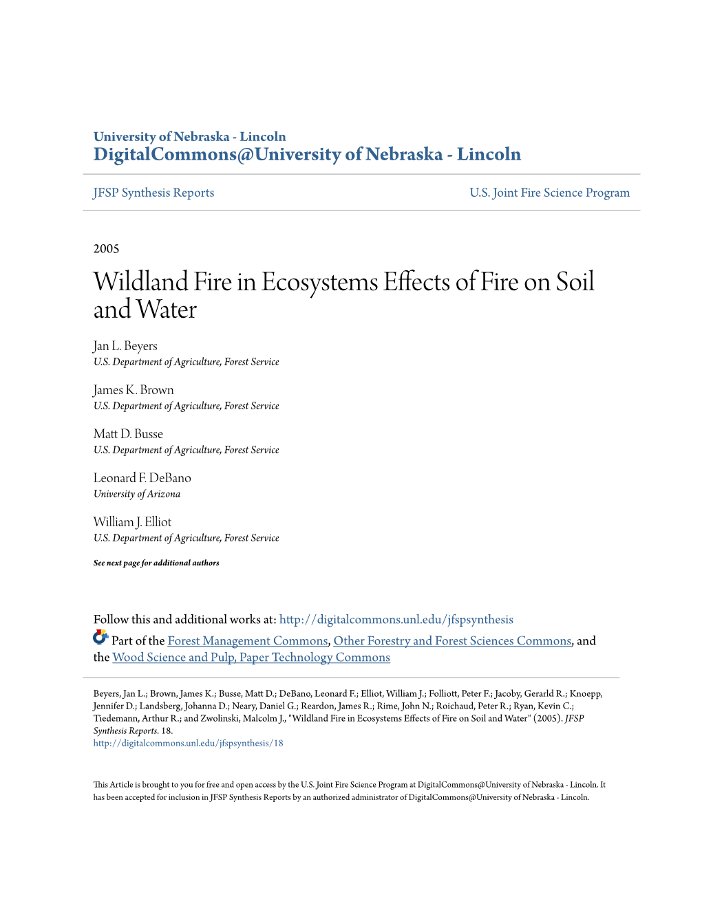 Wildland Fire in Ecosystems Effects of Fire on Soil and Water Jan L