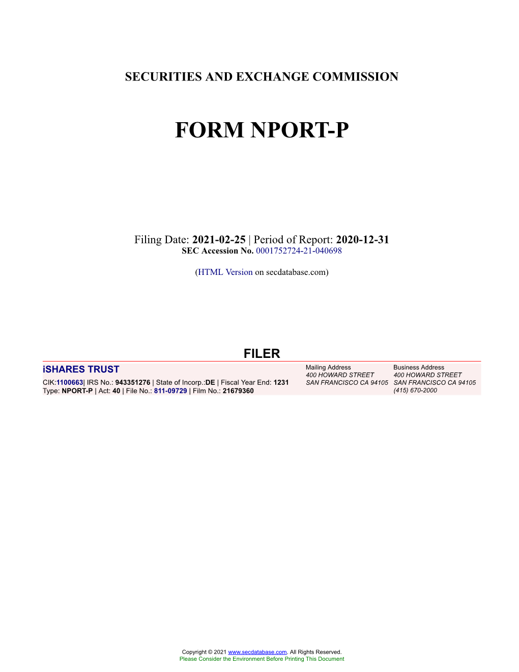 Ishares TRUST Form NPORT-P Filed 2021-02-25