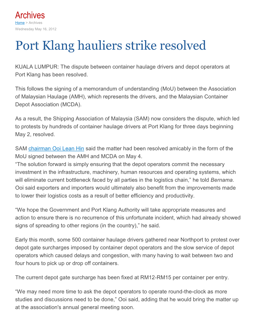 Port Klang Hauliers Strike Resolved