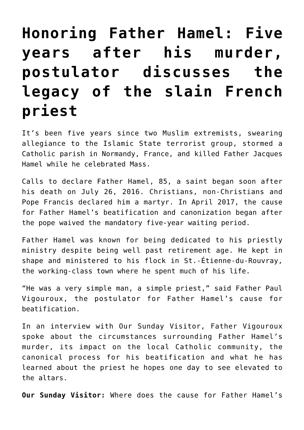 Honoring Father Hamel: Five Years After His Murder, Postulator Discusses the Legacy of the Slain French Priest