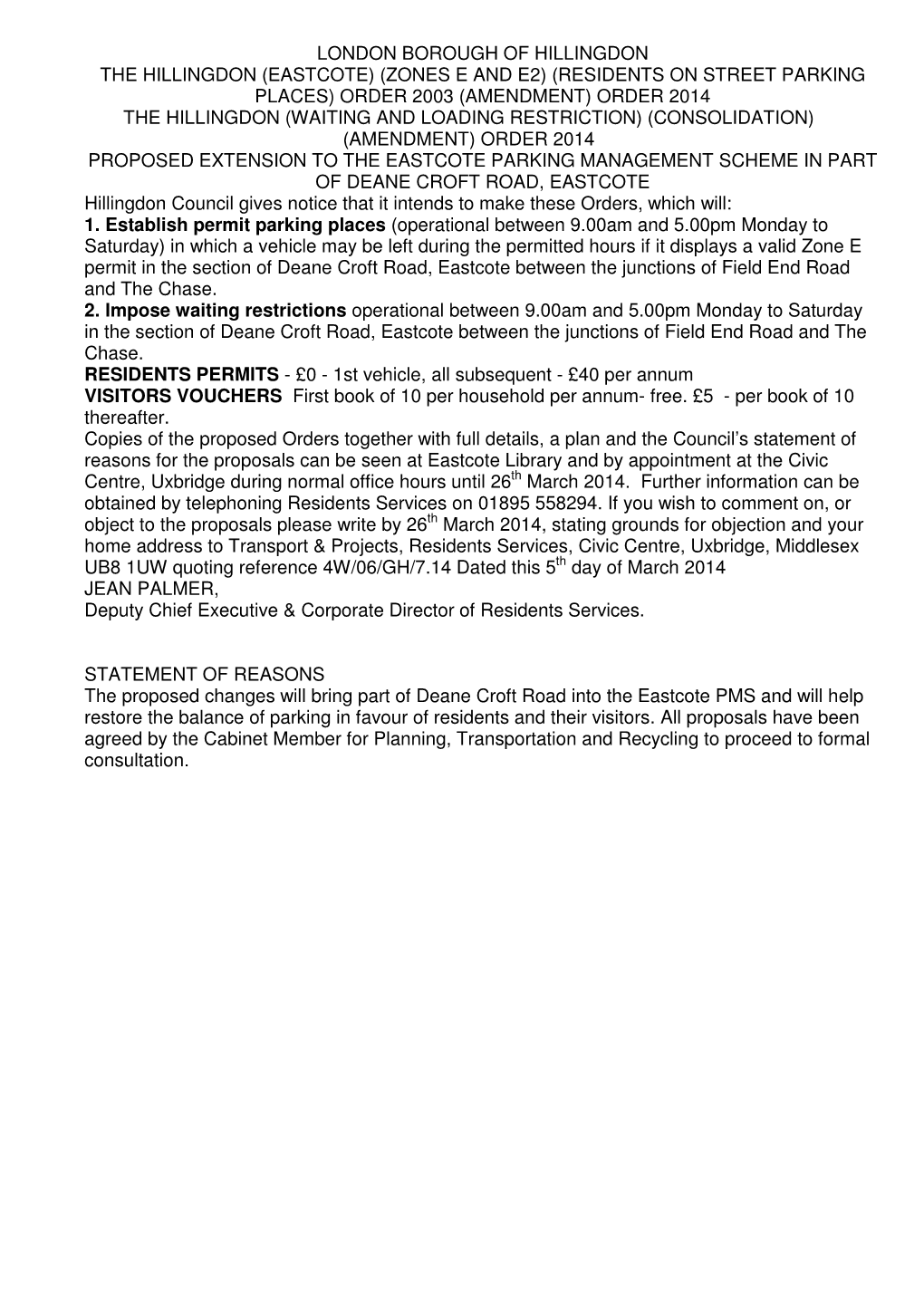 Zones E and E2) (Residents on Street Parking Places