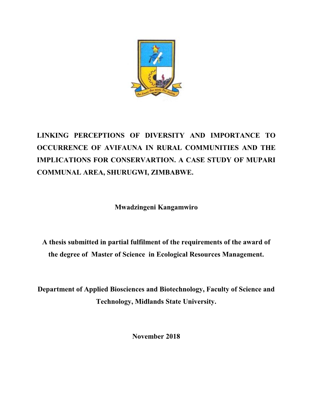 Linking Perceptions of Diversity and Importance to Occurrence of Avifauna in Rural Communities and the Implications for Conservartion