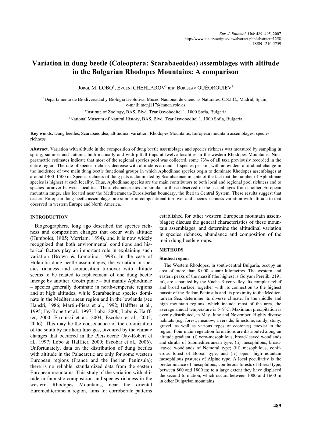 Variation in Dung Beetle (Coleoptera: Scarabaeoidea) Assemblages with Altitude in the Bulgarian Rhodopes Mountains: a Comparison