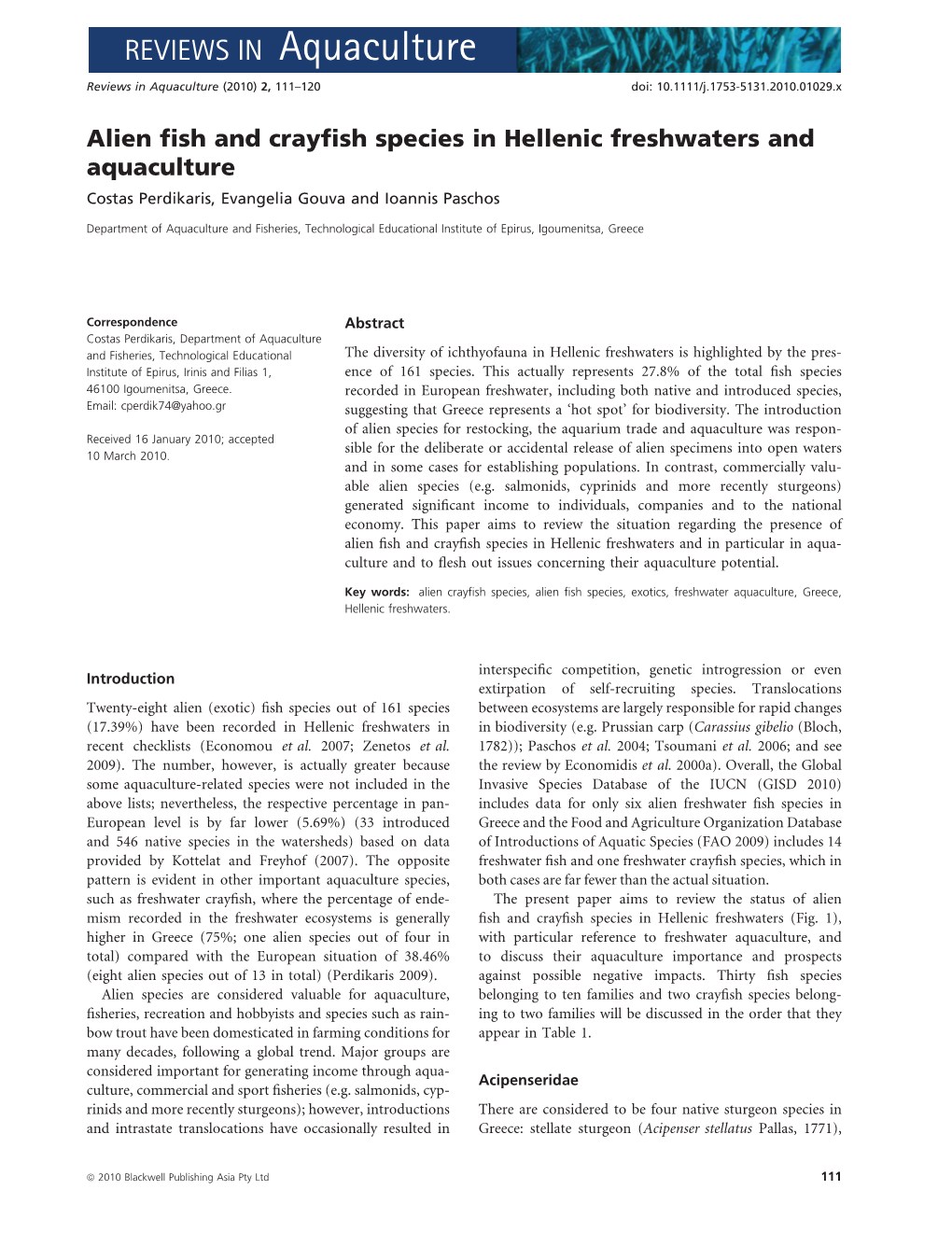 Alien Fish and Crayfish Species in Hellenic Freshwaters and Aquaculture