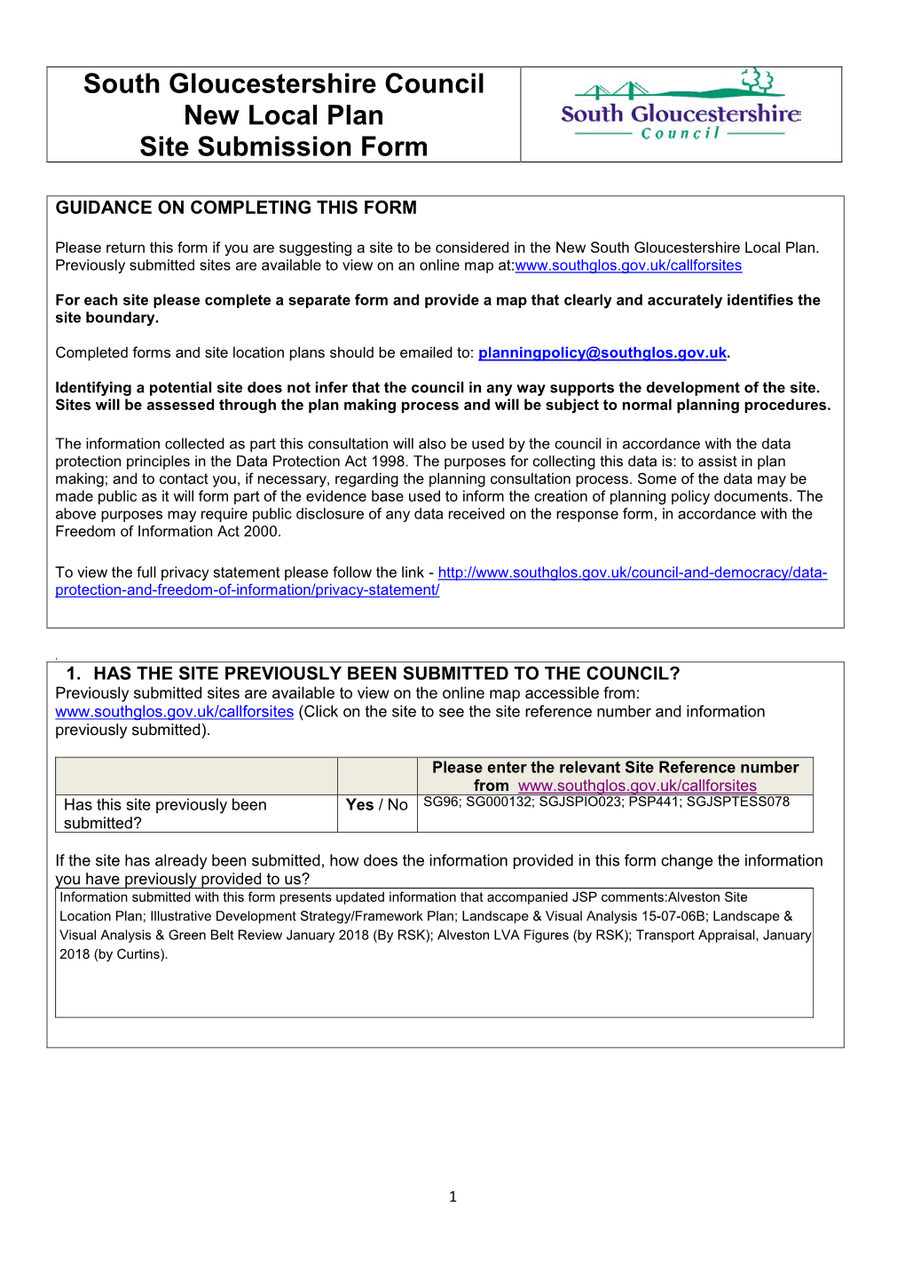 South Gloucestershire Council New Local Plan Site Submission Form