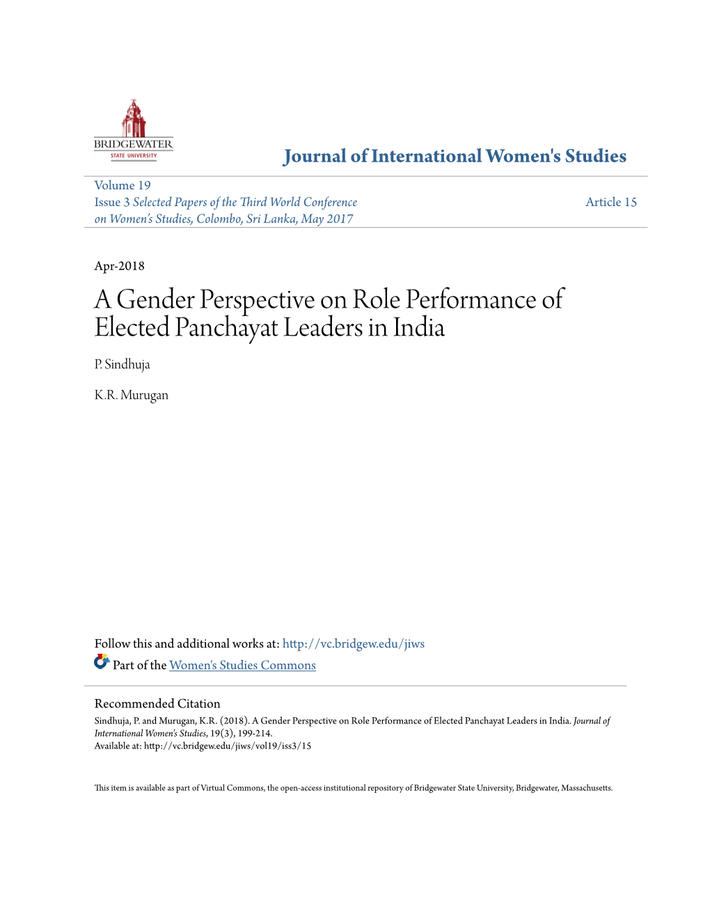 A Gender Perspective on Role Performance of Elected Panchayat Leaders in India P