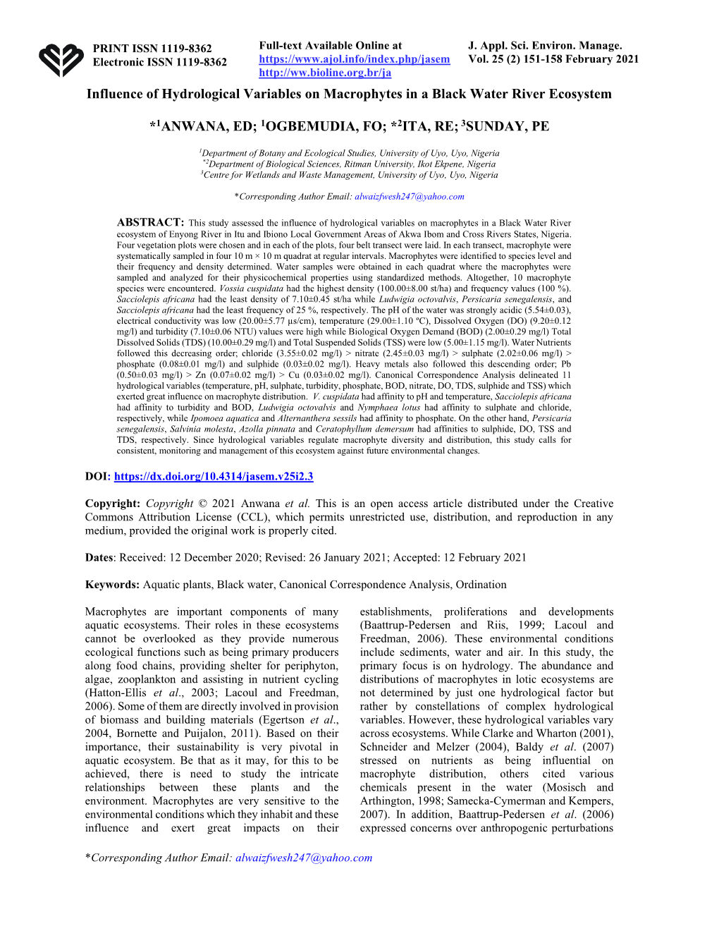 JOURNAL O Influence of Hydrological Variables on Macrophytes in A