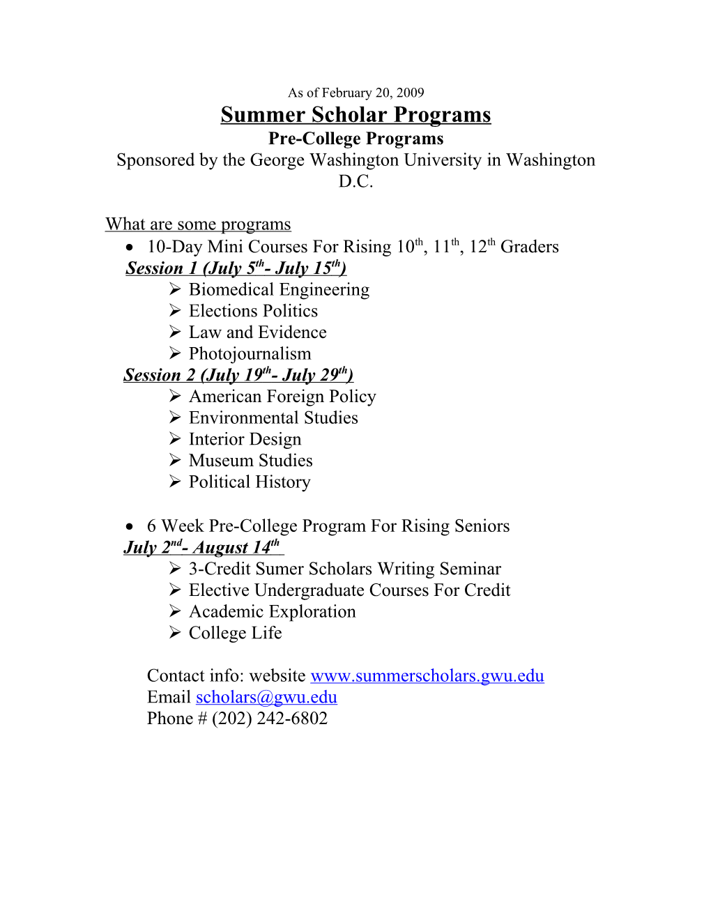 GW Summer Scholar Programs