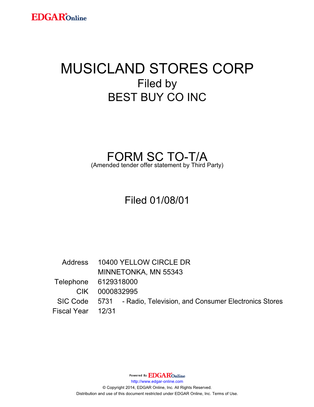 MUSICLAND STORES CORP Filed by BEST BUY CO INC