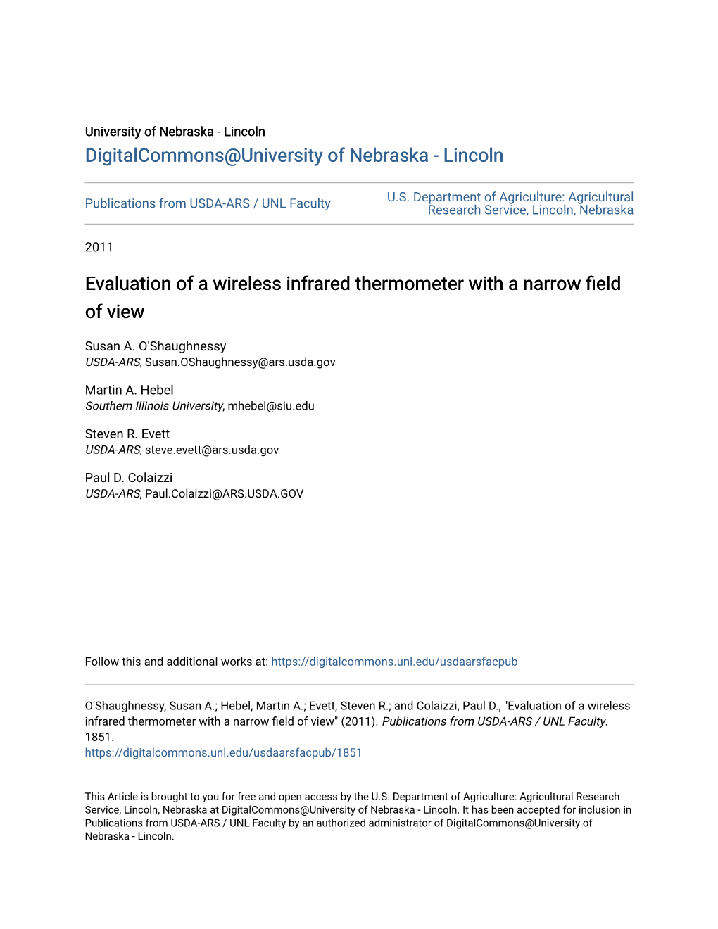 Evaluation of a Wireless Infrared Thermometer with a Narrow Field of View