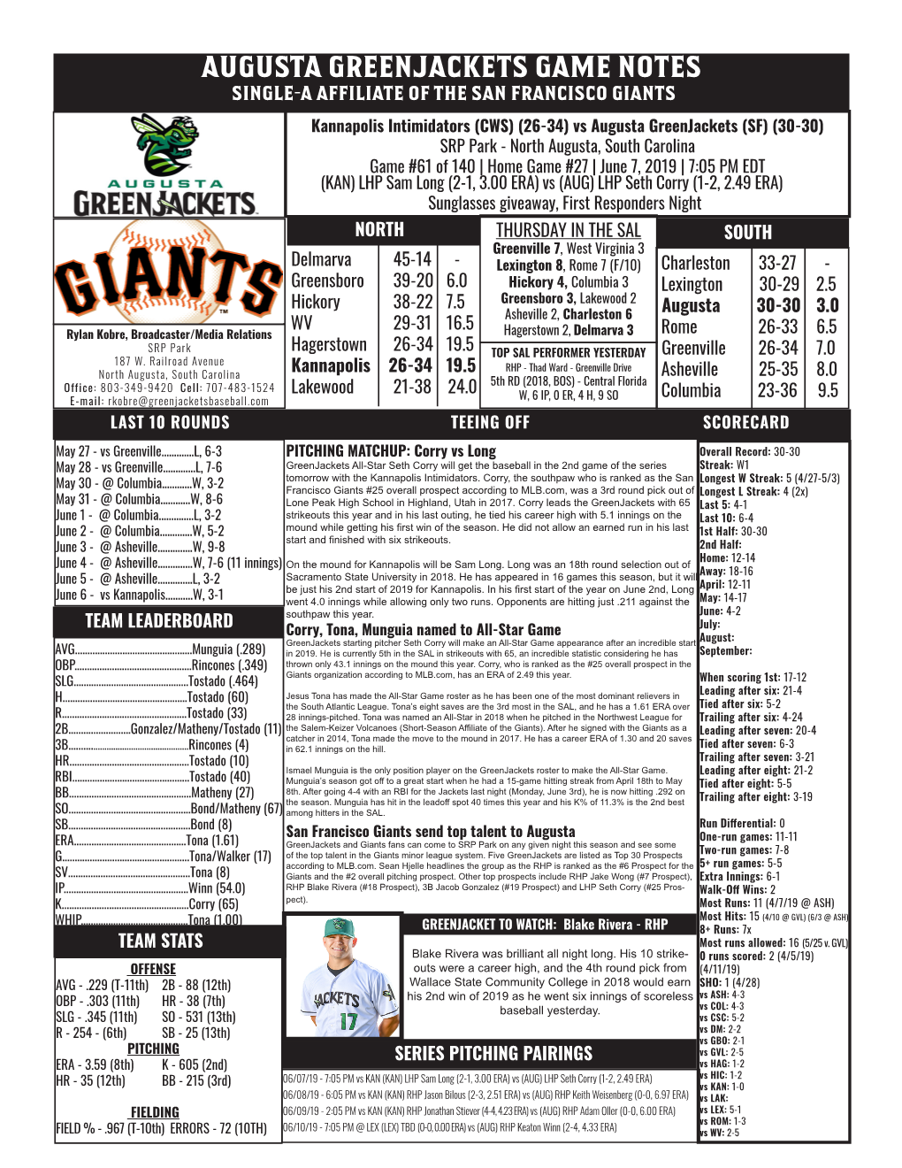 Augusta Greenjackets Game Notes Single-A Affiliate of the San Francisco Giants