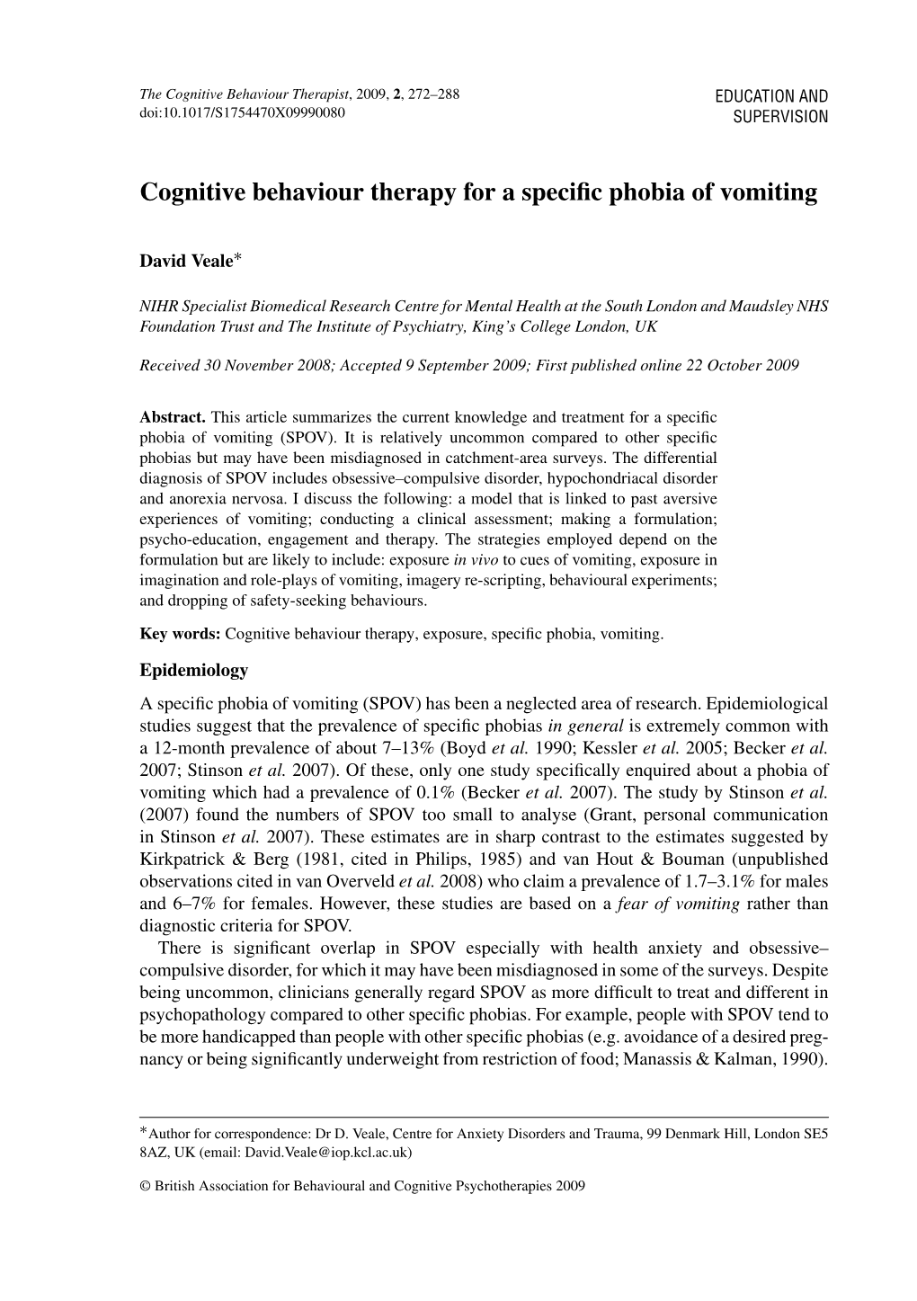 Cognitive Behaviour Therapy for a Specific Phobia of Vomiting