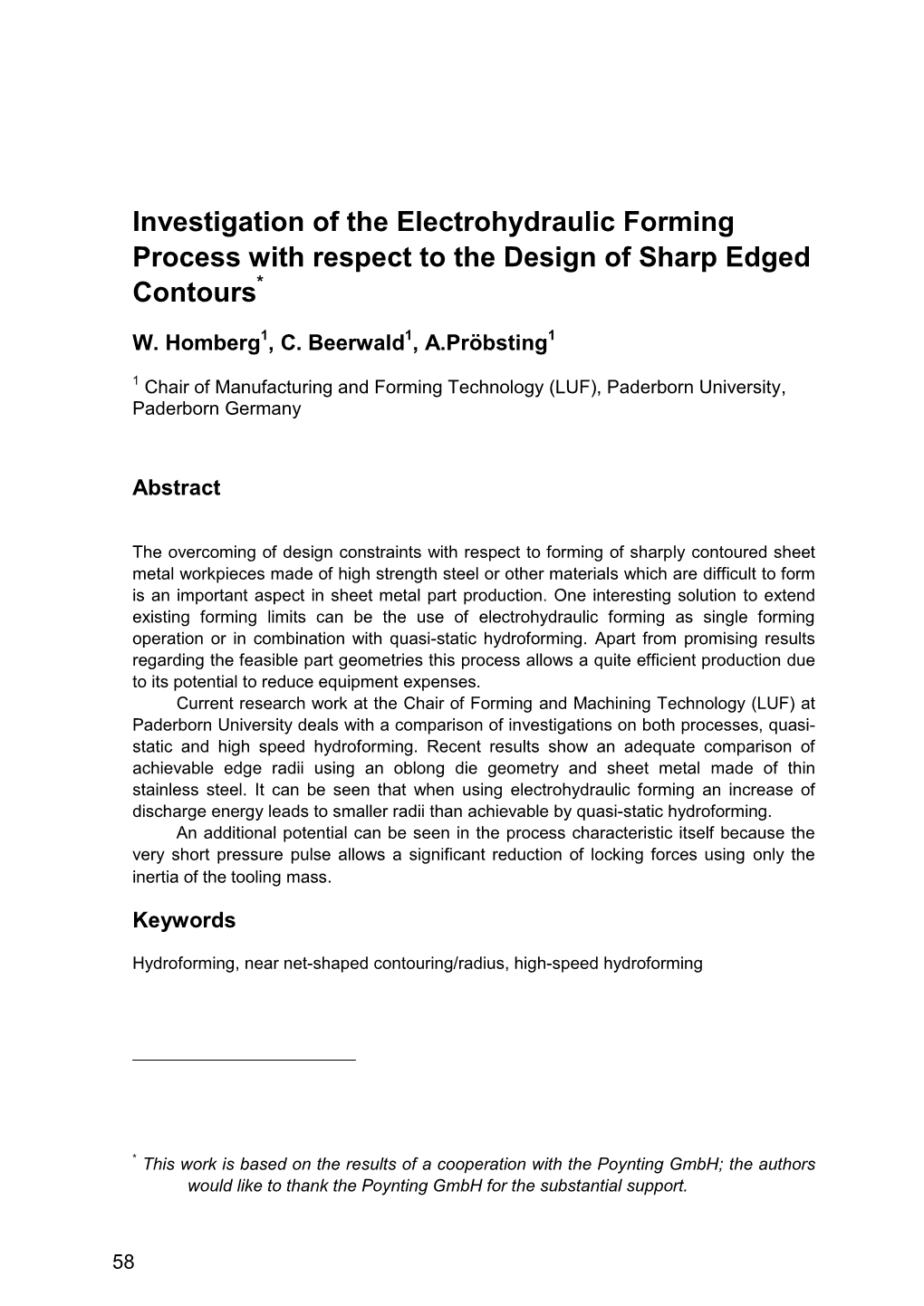 Investigation of the Electrohydraulic Forming Process with Respect to the Design of Sharp Edged Contours*