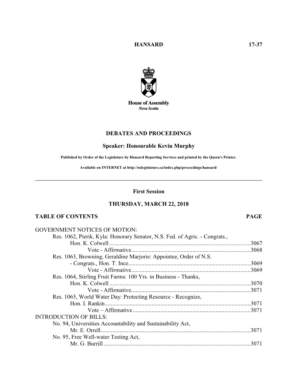 HANSARD 17-37 DEBATES and PROCEEDINGS Speaker