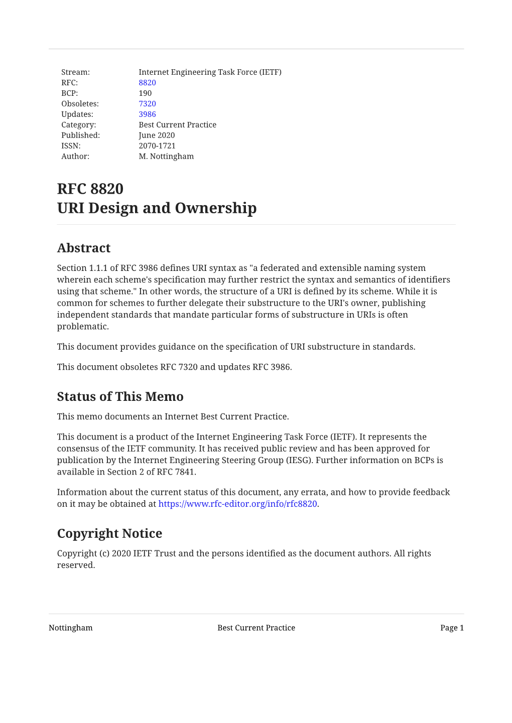 RFC 8820 URI Design and Ownership