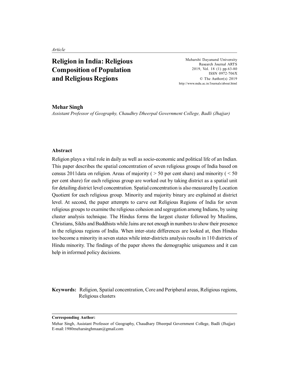 Religion in India: Religious Composition of Population And