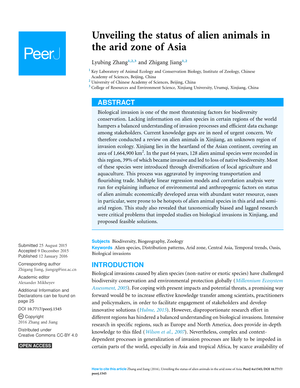 Unveiling the Status of Alien Animals in the Arid Zone of Asia