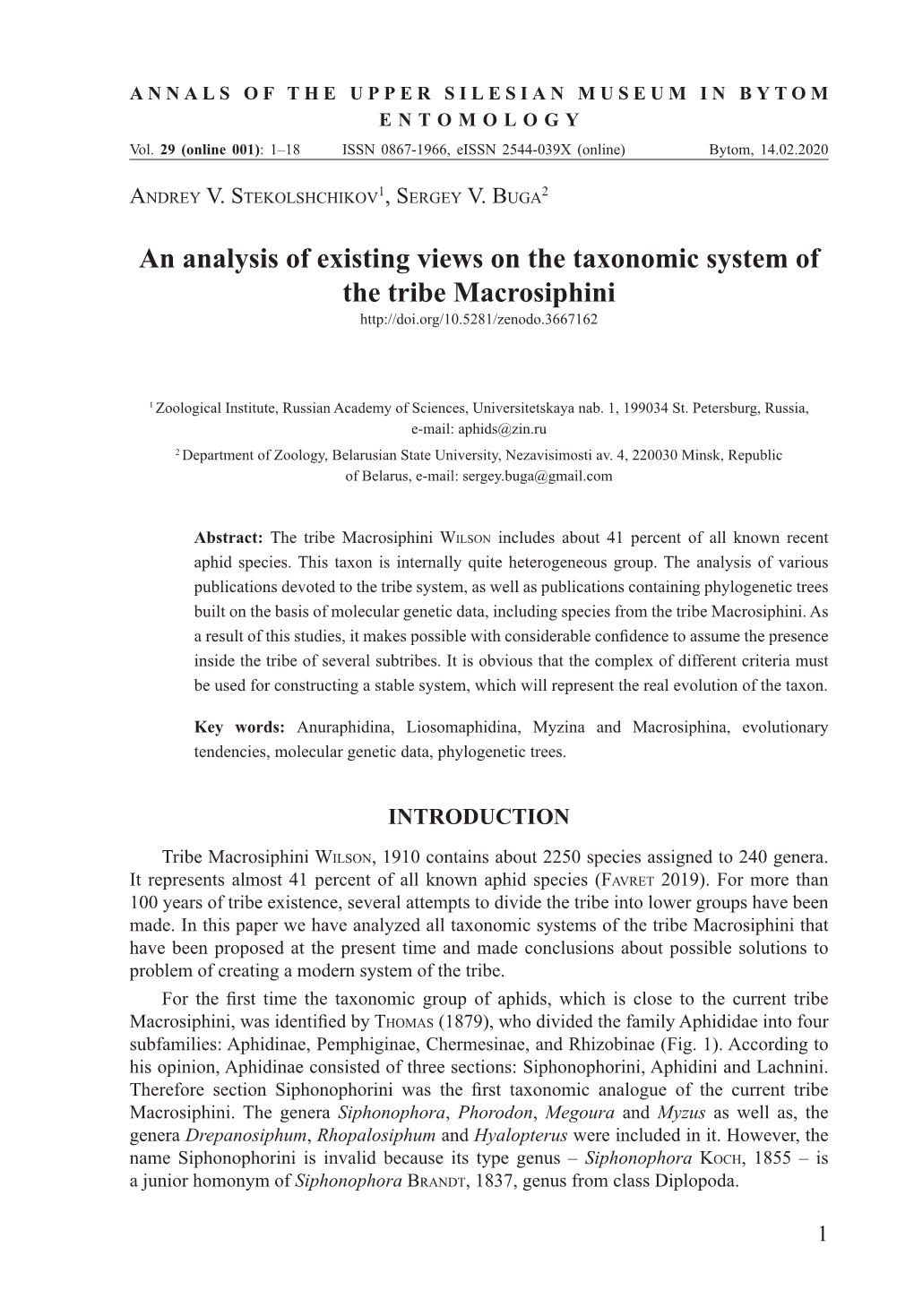 An Analysis of Existing Views on the Taxonomic System of the Tribe Macrosiphini