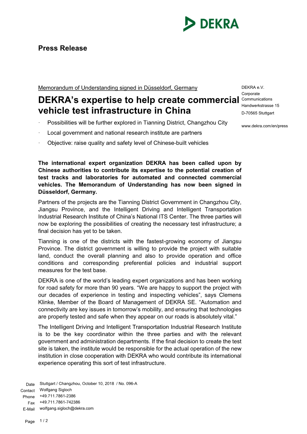 DEKRA Press Release Mou Test Center Tianning