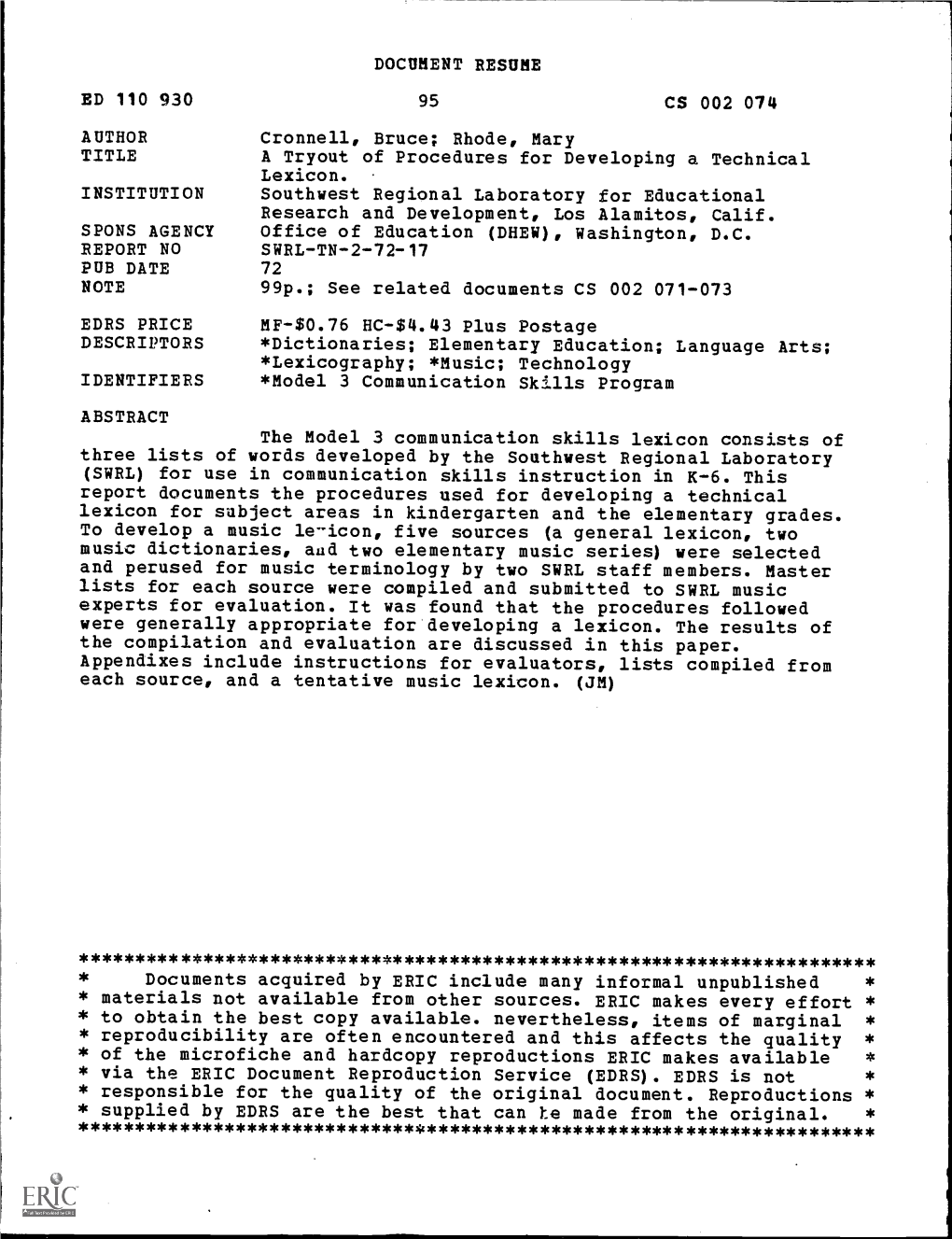 A Tryout of Procedures for Developing a Technical Lexicon. INSTITUTION Southwest Regional Laboratory for Educational Research and Development, Los Alamitos, Calif