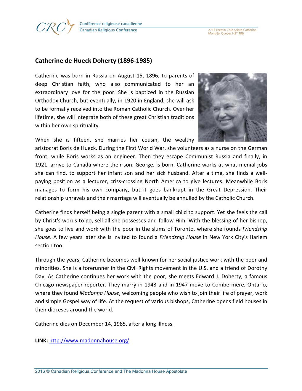 Catherine De Hueck Doherty (1896-1985)