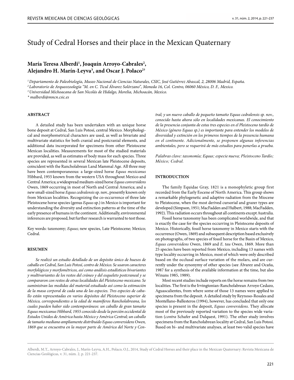 Study of Cedral Horses and Their Place in the Mexican Quaternary