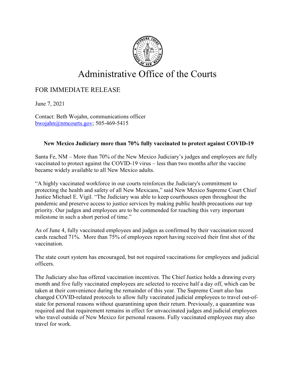 New Mexico Judiciary More Than 70% Fully Vaccinated to Protect Against COVID-19