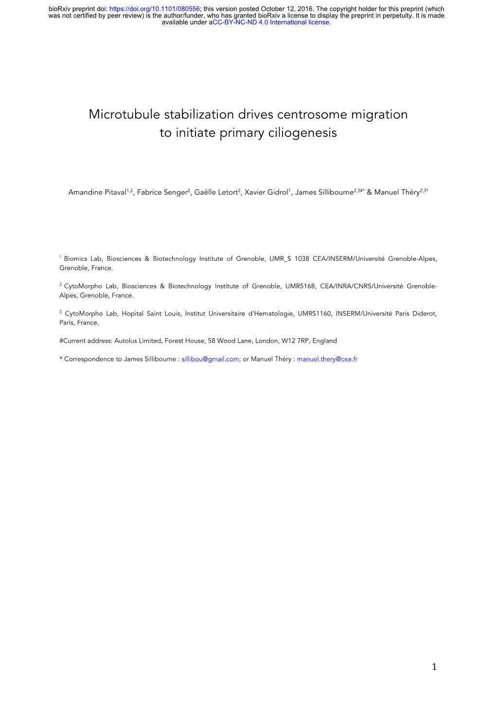 Microtubule Stabilization Drives Centrosome Migration to Initiate Primary Ciliogenesis