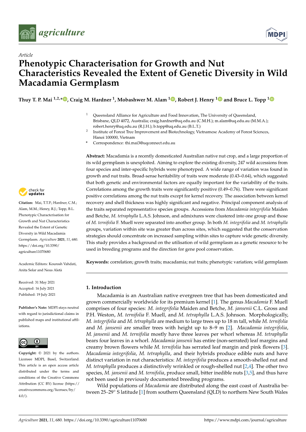 Phenotypic Characterisation for Growth and Nut Characteristics Revealed the Extent of Genetic Diversity in Wild Macadamia Germplasm