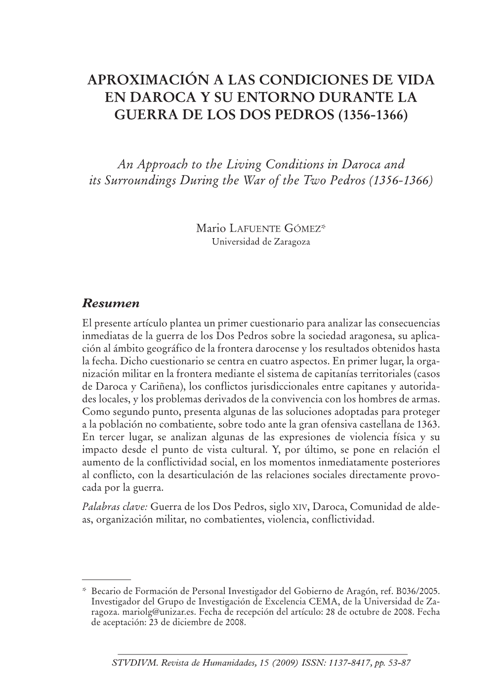 Aproximación a Las Condiciones De Vida En Daroca Y Su Entorno Durante La Guerra De Los Dos Pedros (1356-1366)