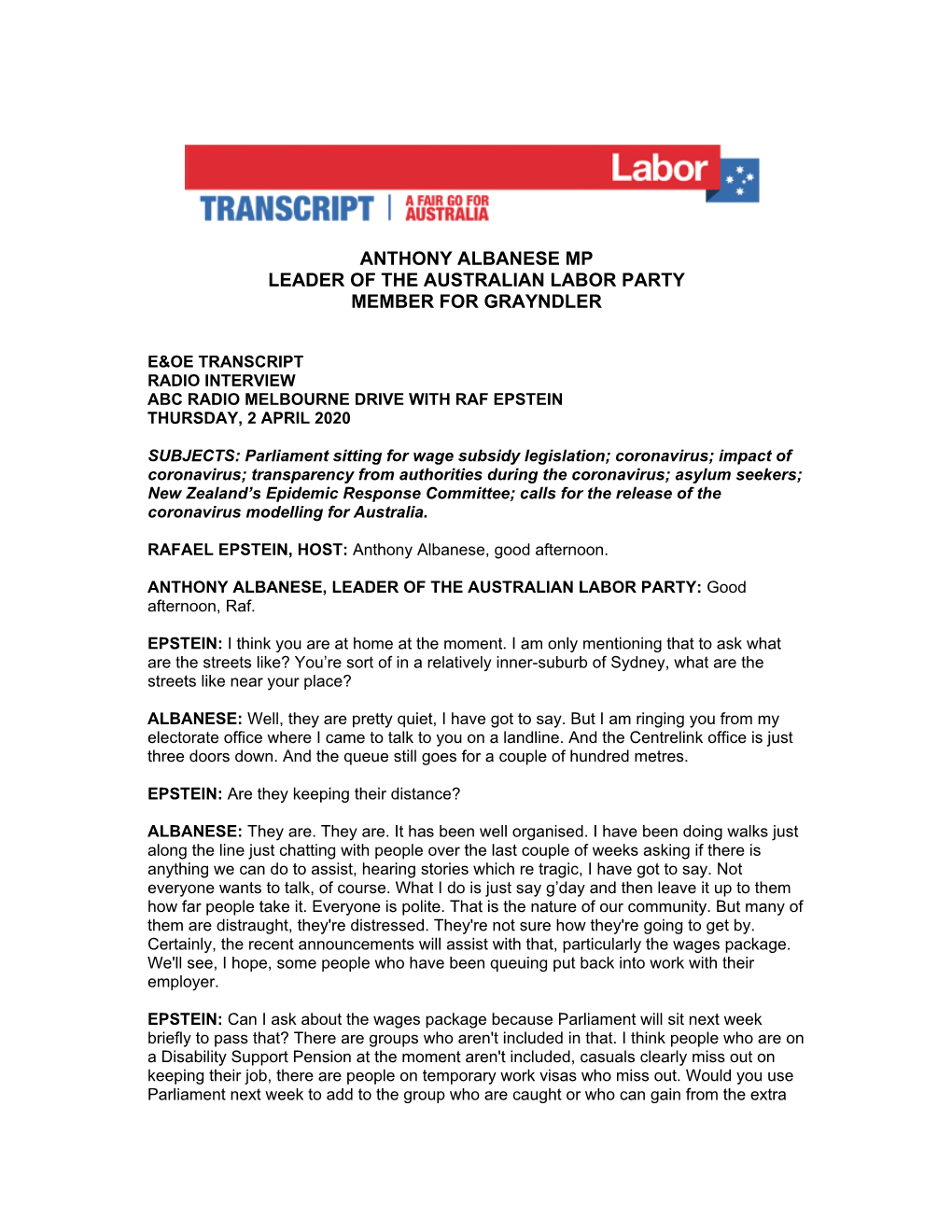Anthony Albanese Mp Leader of the Australian Labor Party Member for Grayndler