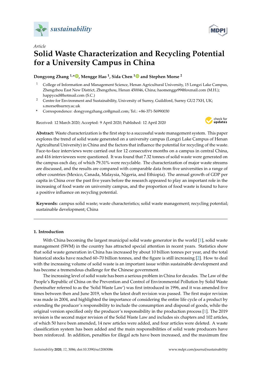 Solid Waste Characterization and Recycling Potential for a University Campus in China