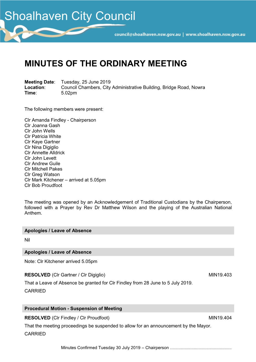 Minutes of Ordinary Meeting