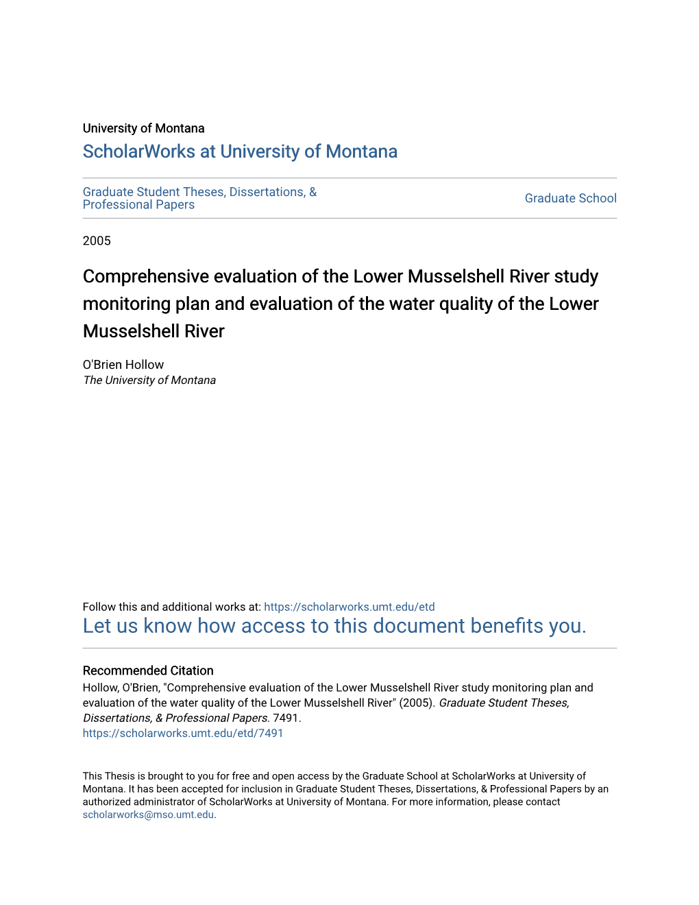 Comprehensive Evaluation of the Lower Musselshell River Study Monitoring Plan and Evaluation of the Water Quality of the Lower Musselshell River