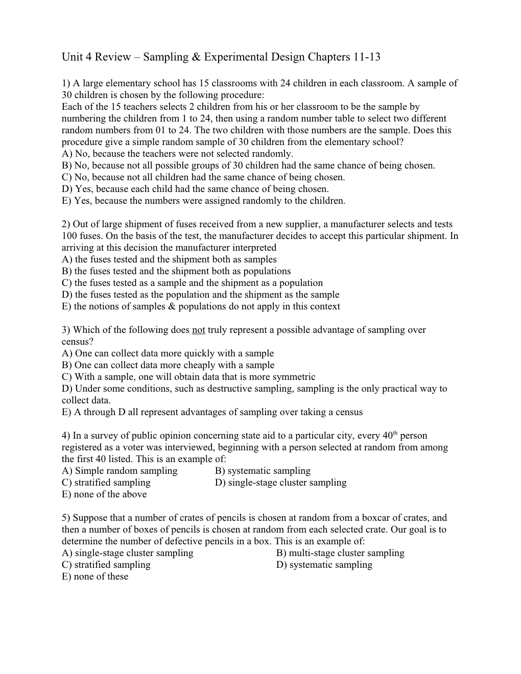 Chapter 5 Review Sampling & Experimental Design