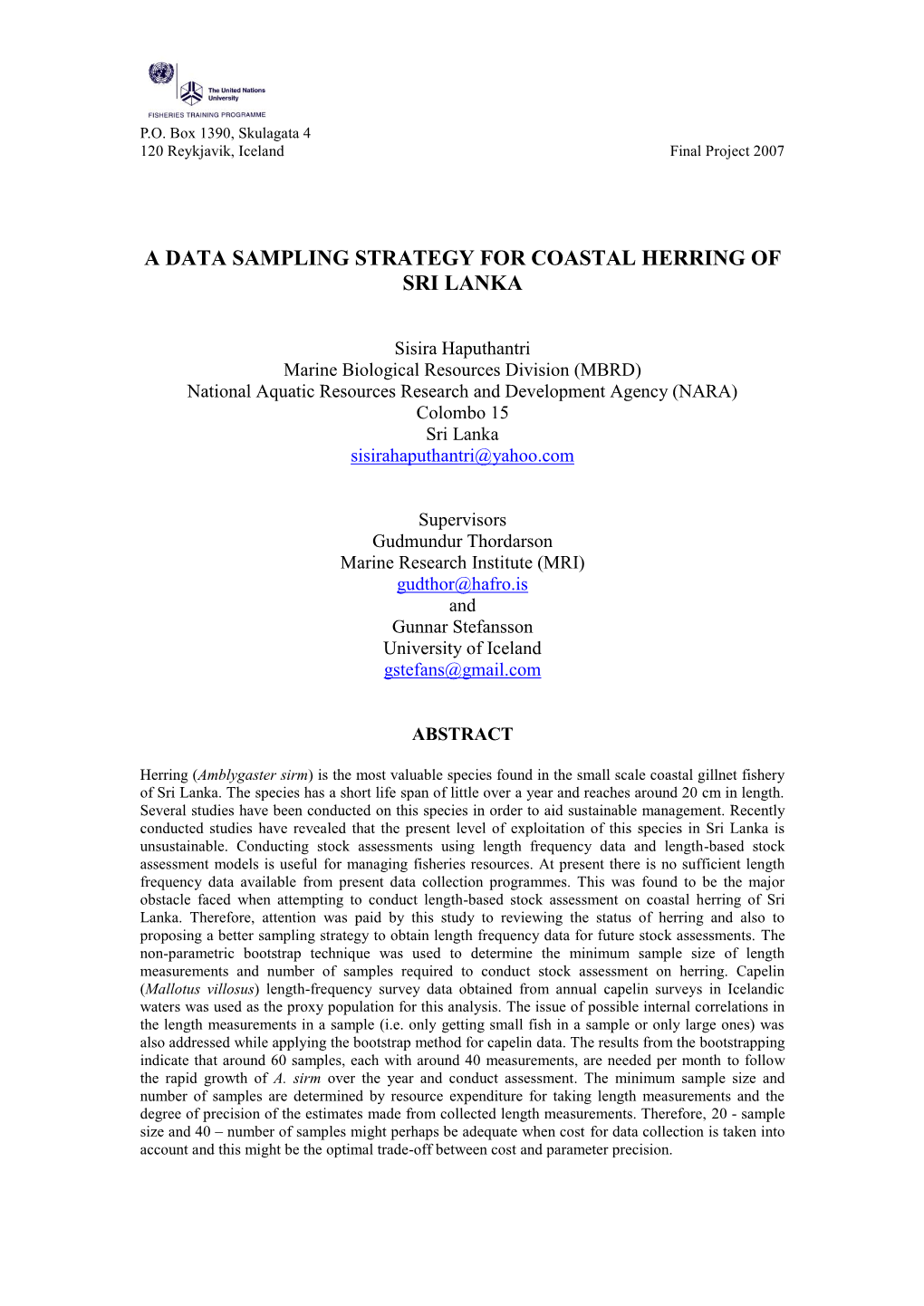 Title: a Data Sampling Strategy for Coastal Herring of Sri Lanka