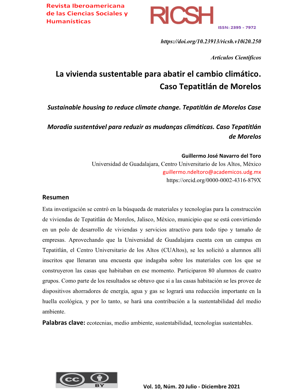 La Vivienda Sustentable Para Abatir El Cambio Climático. Caso Tepatitlán De Morelos