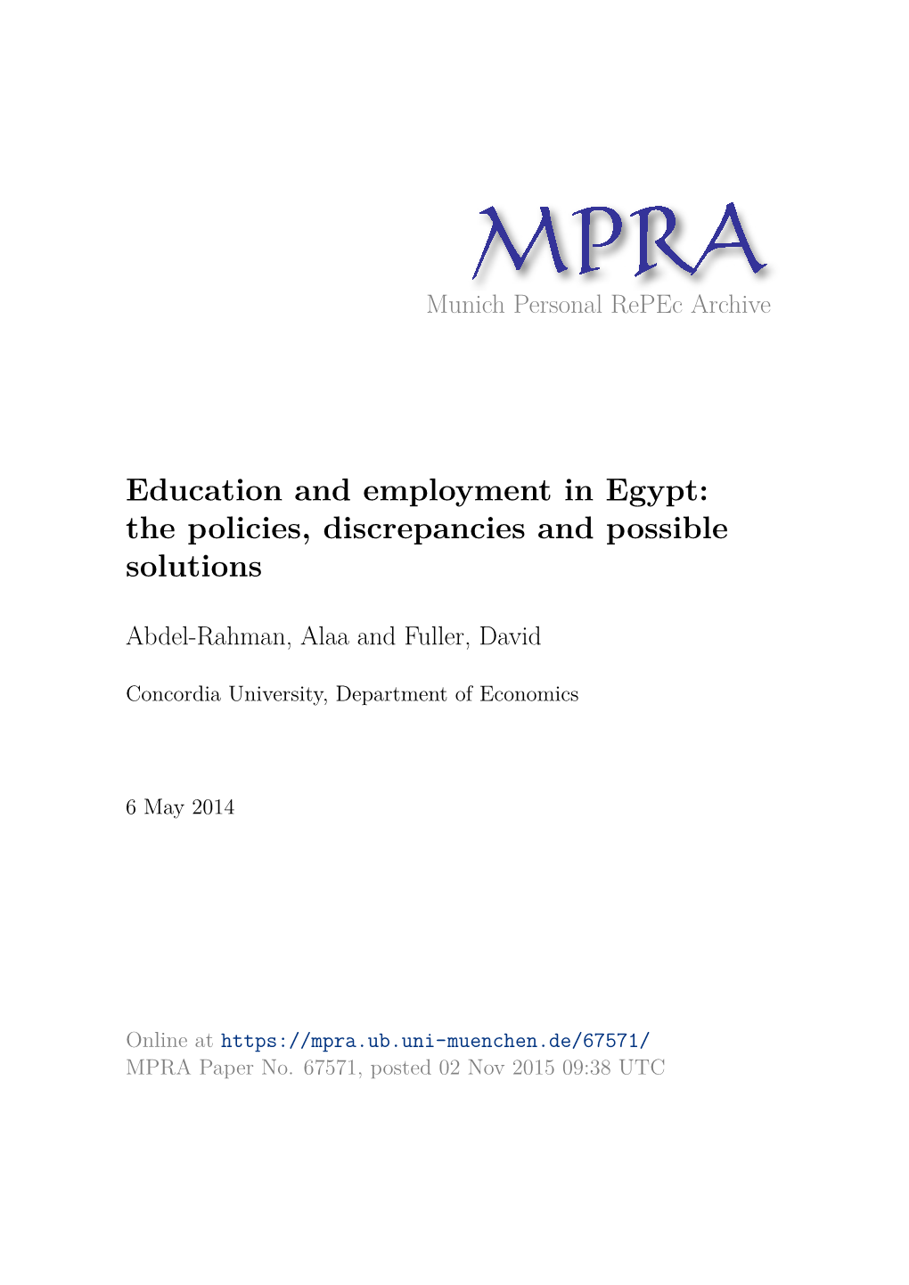 Education and Employment in Egypt: the Policies, Discrepancies and Possible Solutions