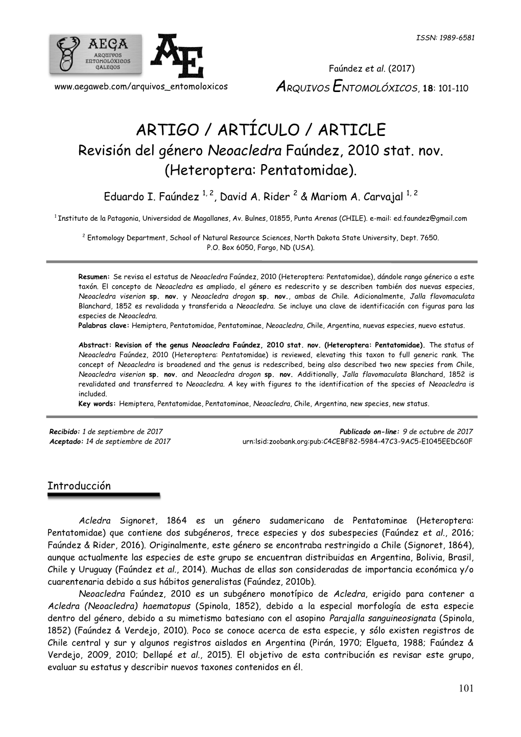 ARTIGO / ARTÍCULO / ARTICLE Revisión Del Género Neoacledra Faúndez, 2010 Stat