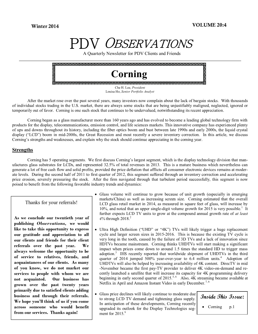 PDV OBSERVATIONS a Quarterly Newsletter for PDV Clients and Friends