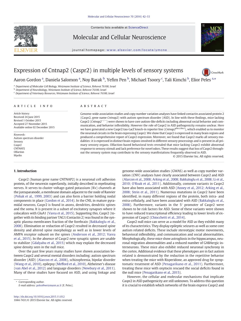 Caspr2) in Multiple Levels of Sensory Systems