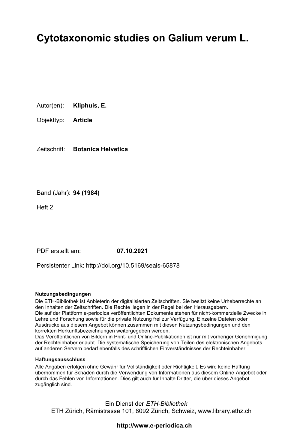 Cytotaxonomic Studies on Galium Verum L