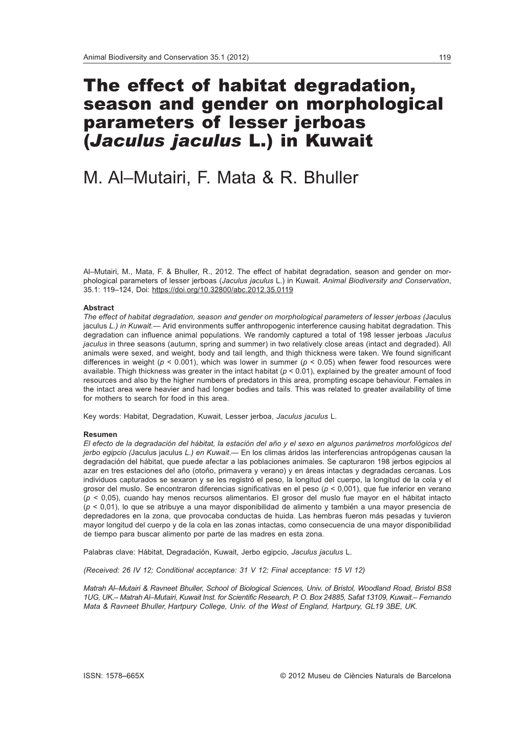 The Effect of Habitat Degradation, Season and Gender on Morphological Parameters of Lesser Jerboas (Jaculus Jaculus L.) in Kuwait