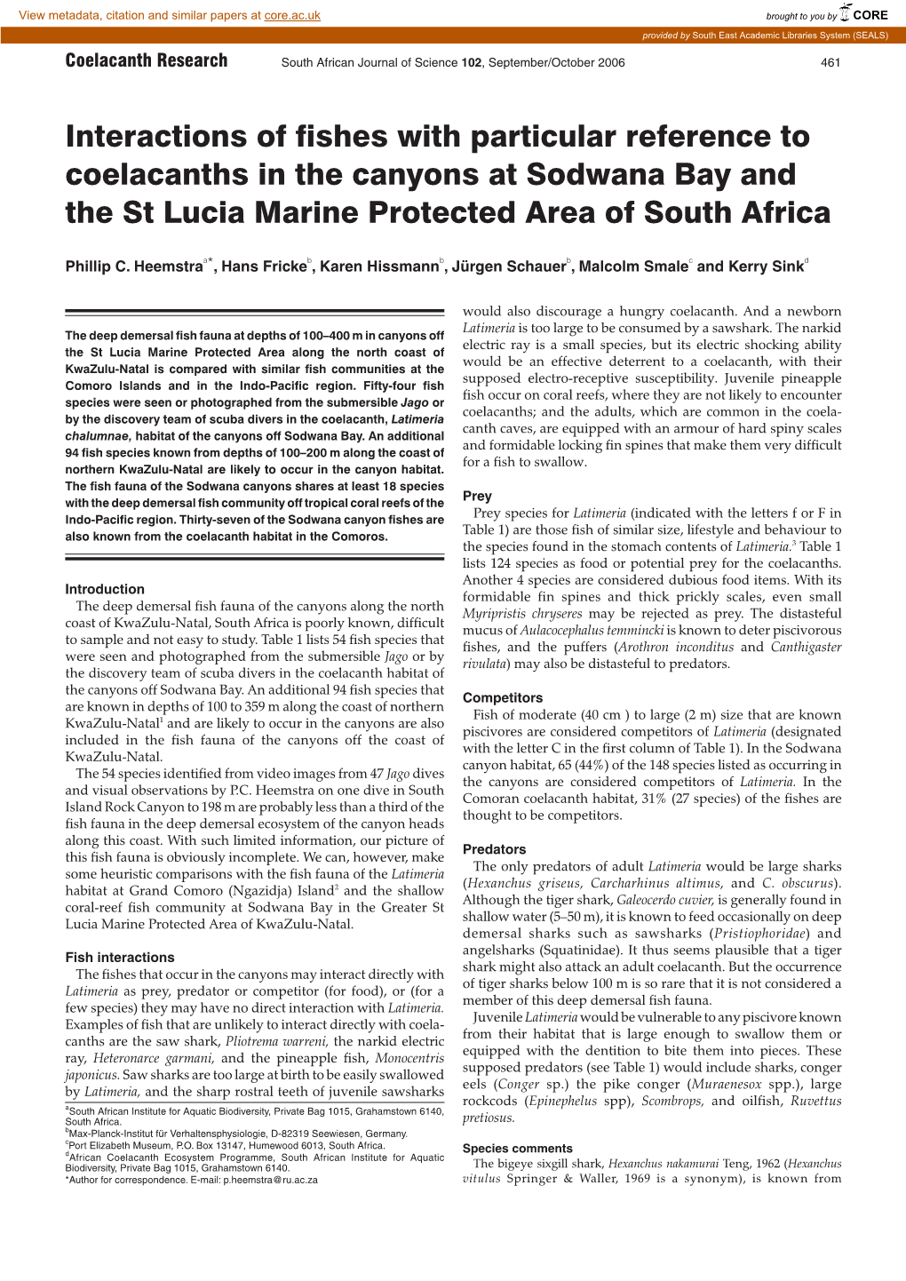 Interactions of Fishes with Particular Reference to Coelacanths in the Canyons at Sodwana Bay and the St Lucia Marine Protected Area of South Africa