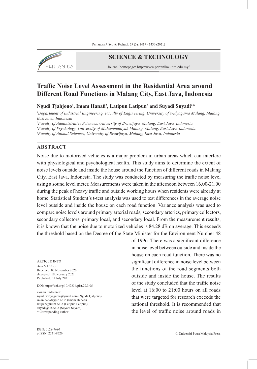 Traffic Noise Level Assessment in the Residential Area Around Different Road Functions in Malang City, East Java, Indonesia