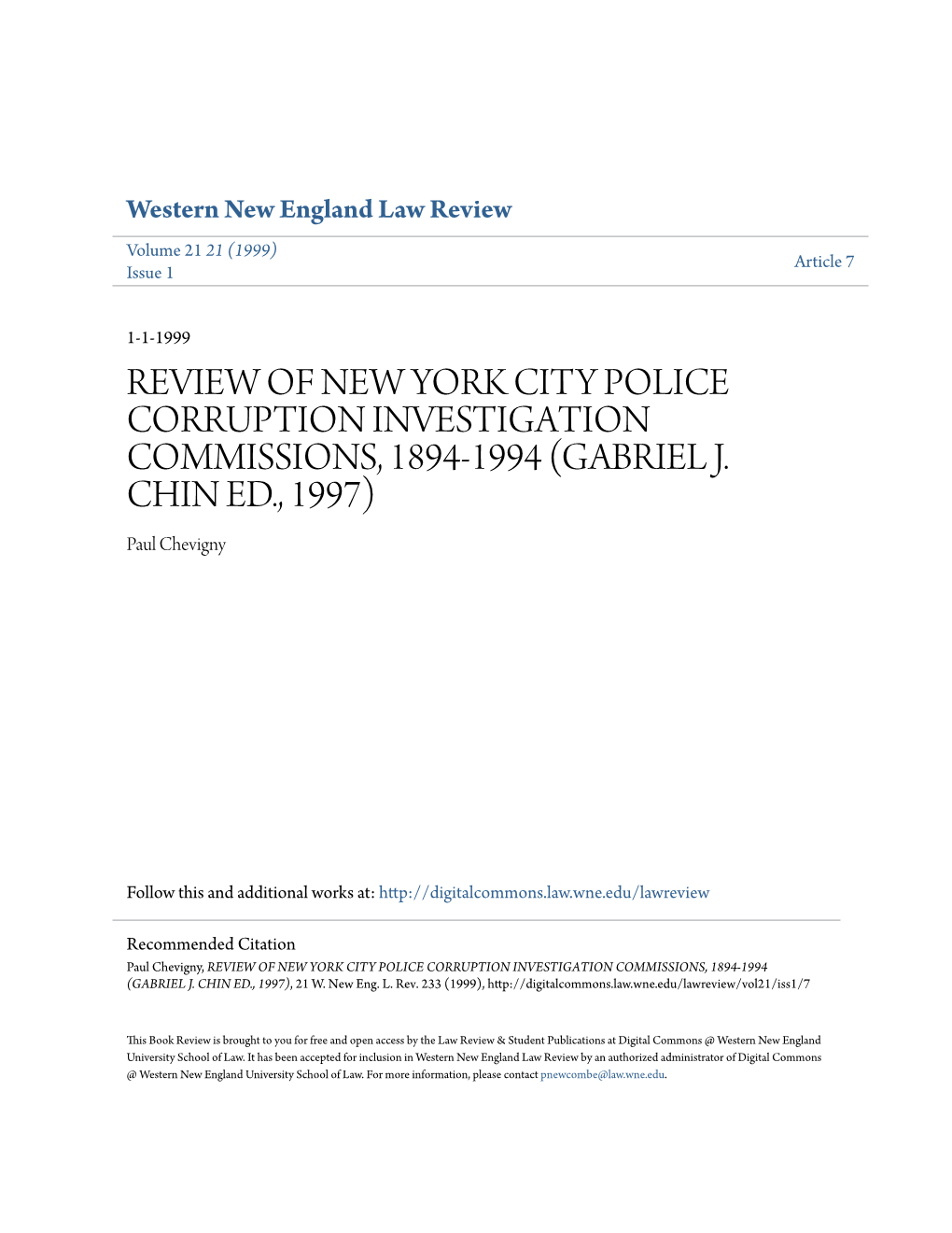 Review of New York City Police Corruption Investigation Commissions, 1894-1994 (Gabriel J